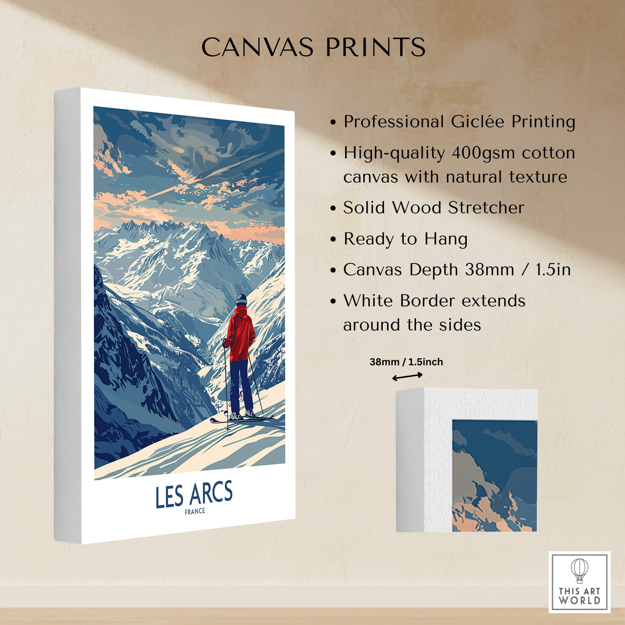 Les Arcs Ski Print -  France canvas print featuring a skier in the mountains, high-quality Giclée print.