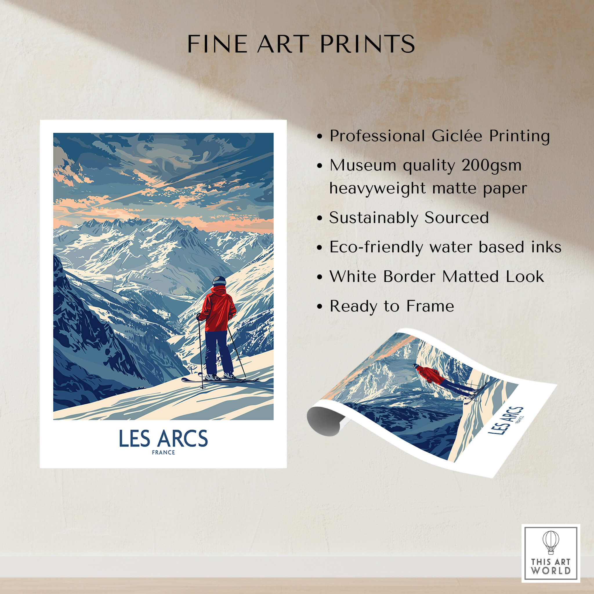 Les Arcs Ski Print - France showcasing a skier in the stunning French mountains, ideal for home or office decor.