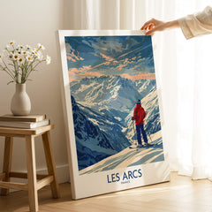 Les Arcs Ski Print - France showcasing a skier in the beautiful mountains of France.