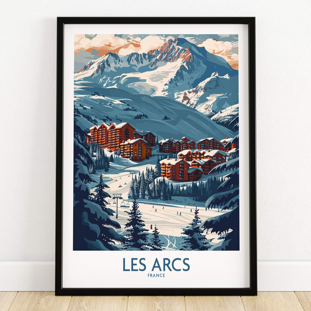 Les Arcs Poster France featuring a vibrant ski scene with mountains and chalets, perfect for skiing enthusiasts.
