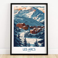 Les Arcs Poster France featuring a vibrant ski scene with mountains and chalets, perfect for skiing enthusiasts.