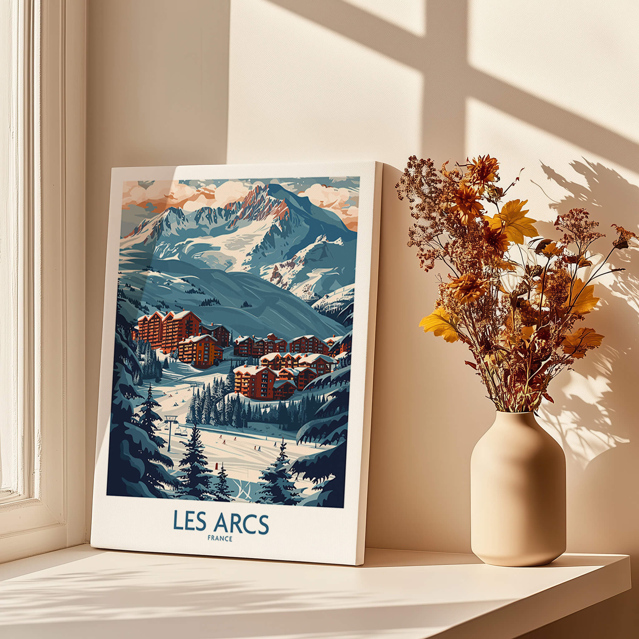 Les Arcs Poster France vibrant ski landscape print displayed near flowers in a bright room.