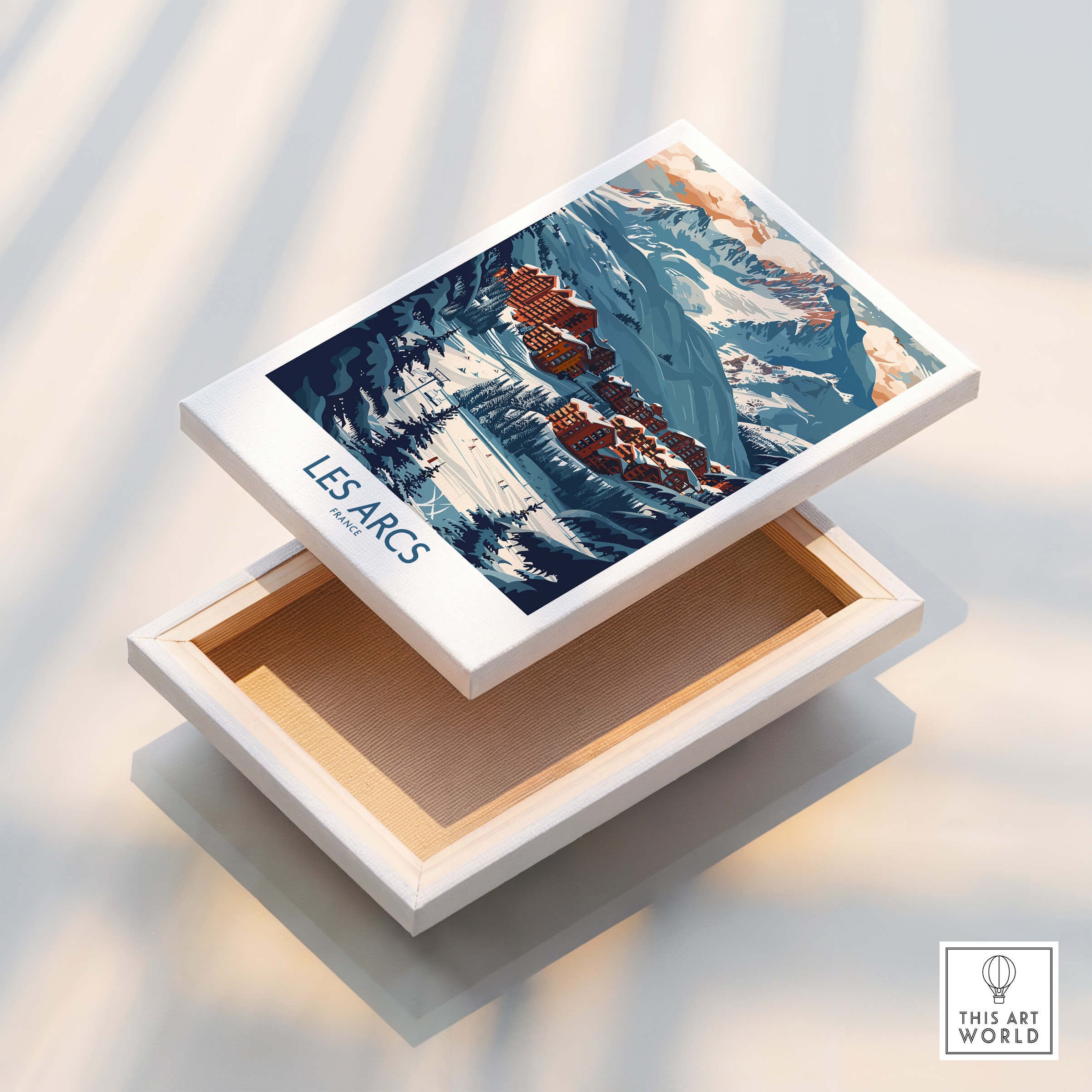 Les Arcs Poster France displayed on a stylish box showcasing the beautiful ski landscape of Les Arcs.