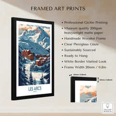 Les Arcs Poster France framed art print showcasing the stunning ski landscape with a clear plexiglass glaze and handmade wooden frame.
