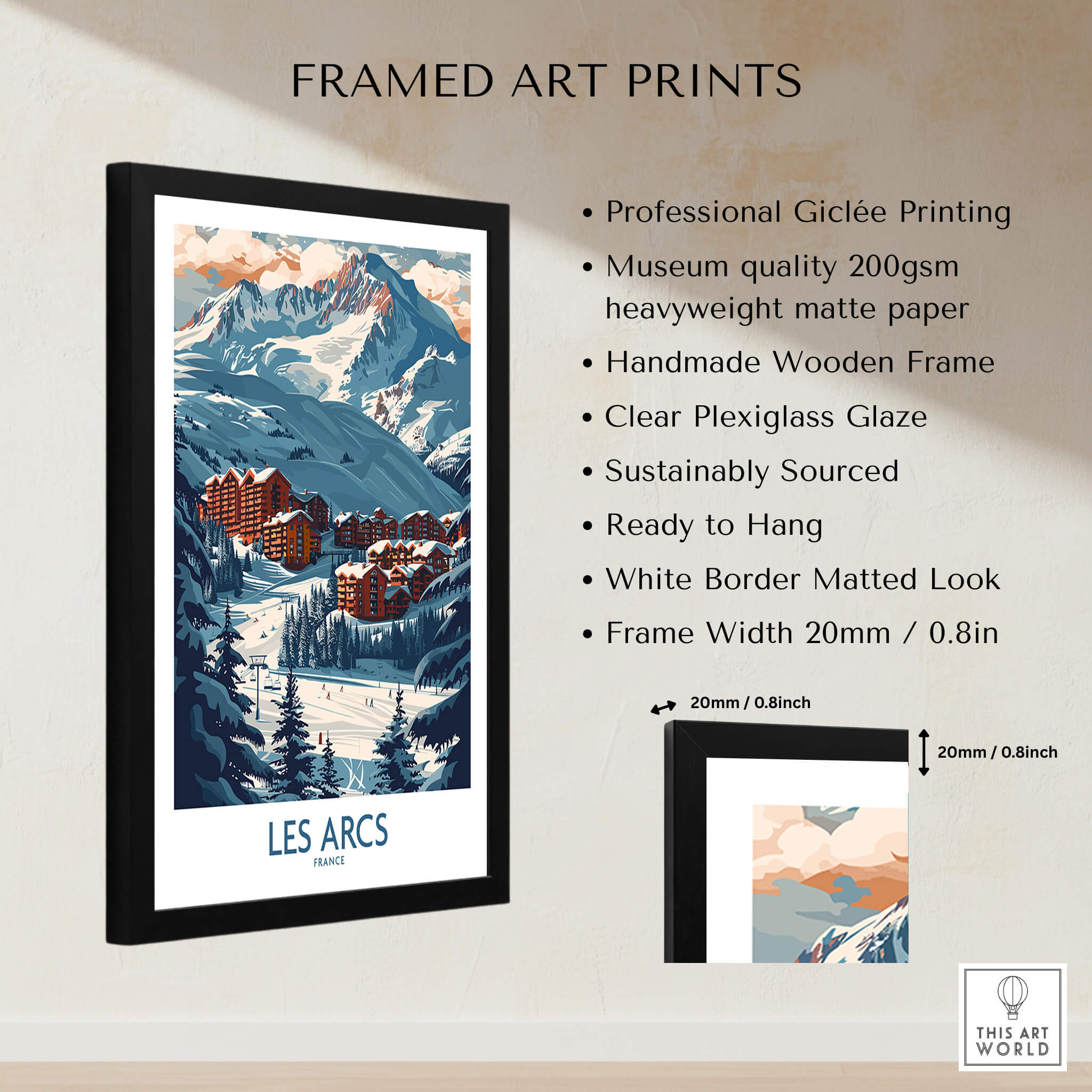 Les Arcs Poster France framed art print showcasing the stunning ski landscape with a clear plexiglass glaze and handmade wooden frame.