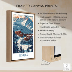 Framed Les Arcs Poster France showcasing vibrant ski slopes and stunning landscapes.