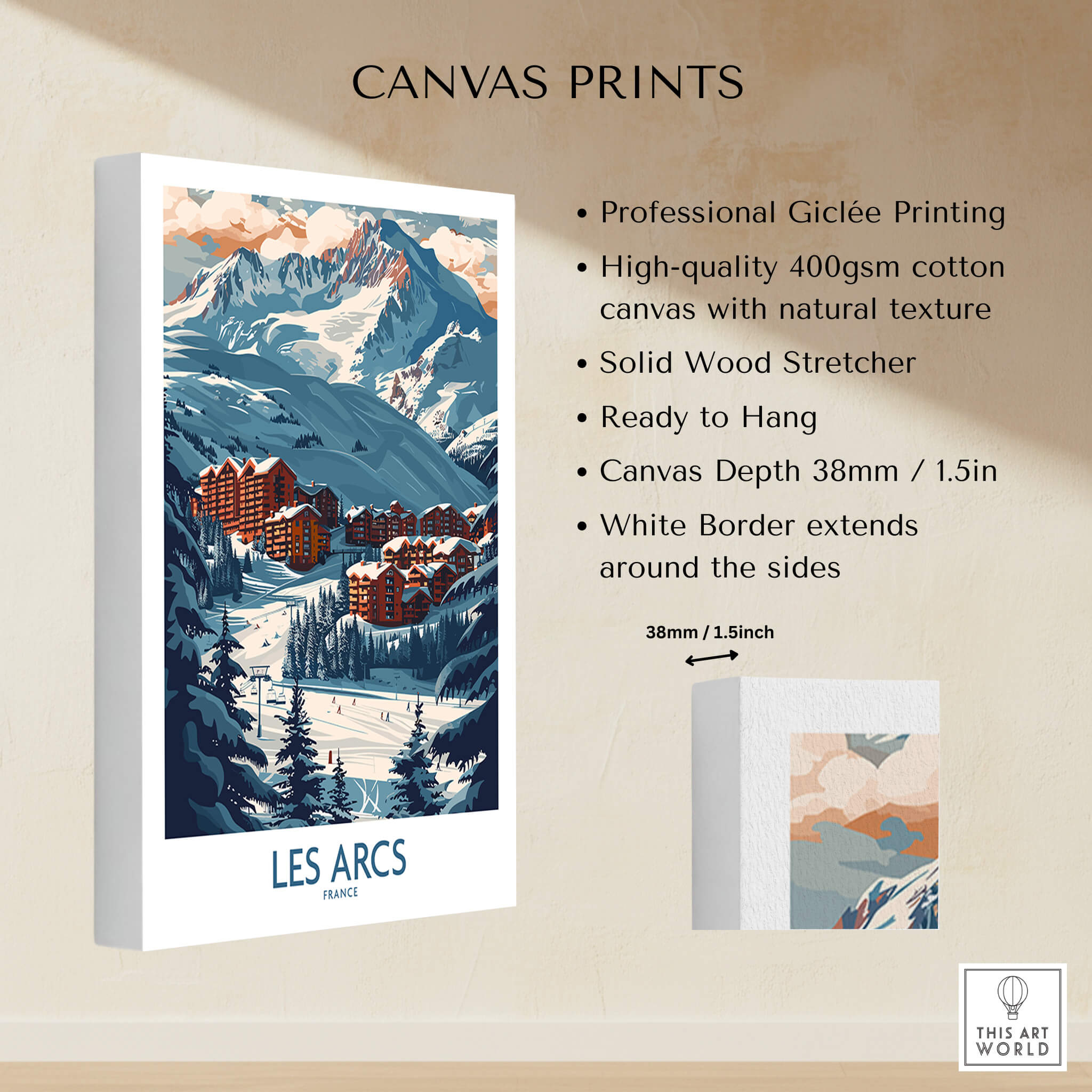 Les Arcs Poster France canvas print showcasing vibrant ski landscape and professional Giclée quality.