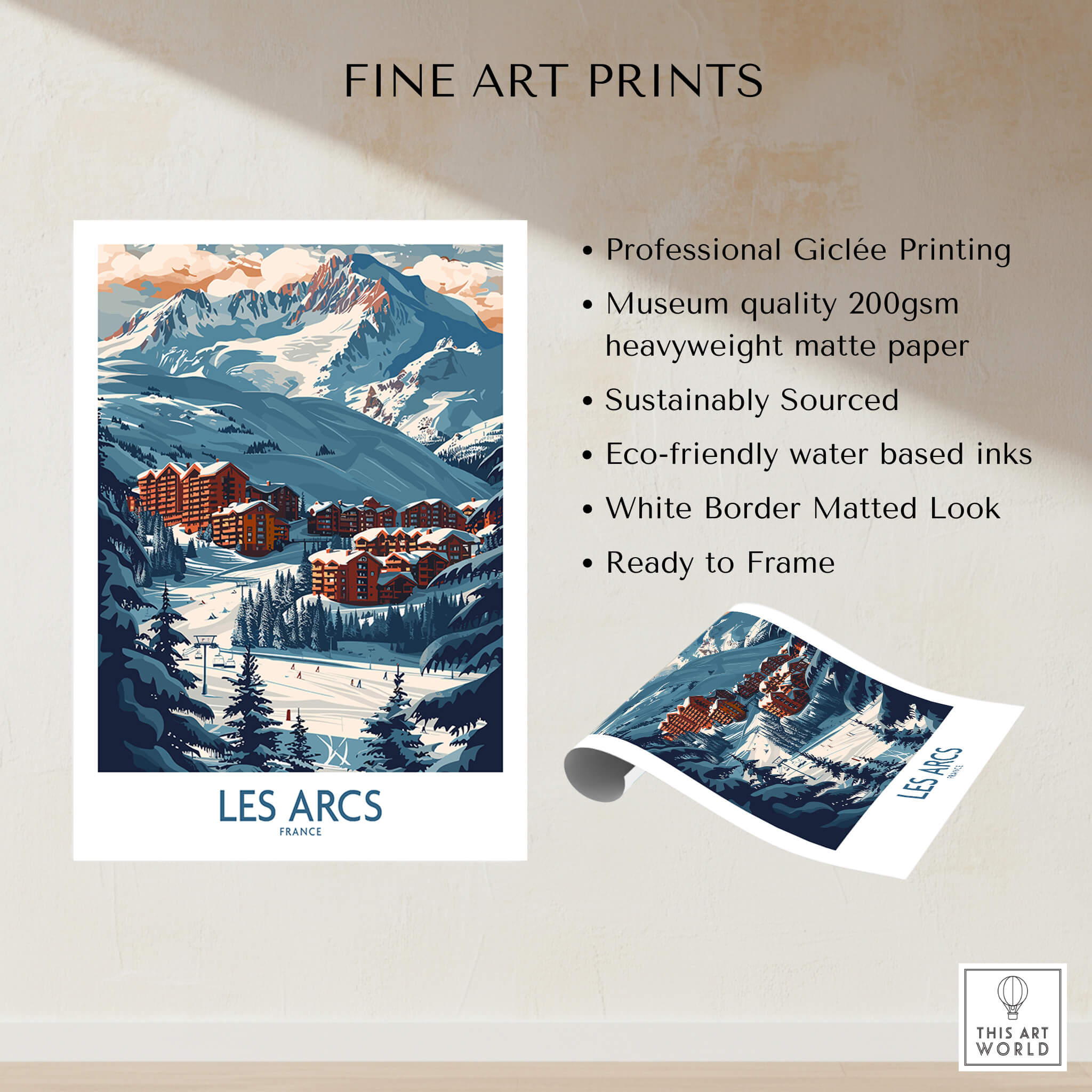 Les Arcs Poster France showcasing stunning ski landscape and vibrant colors, ideal wall art for skiing enthusiasts.