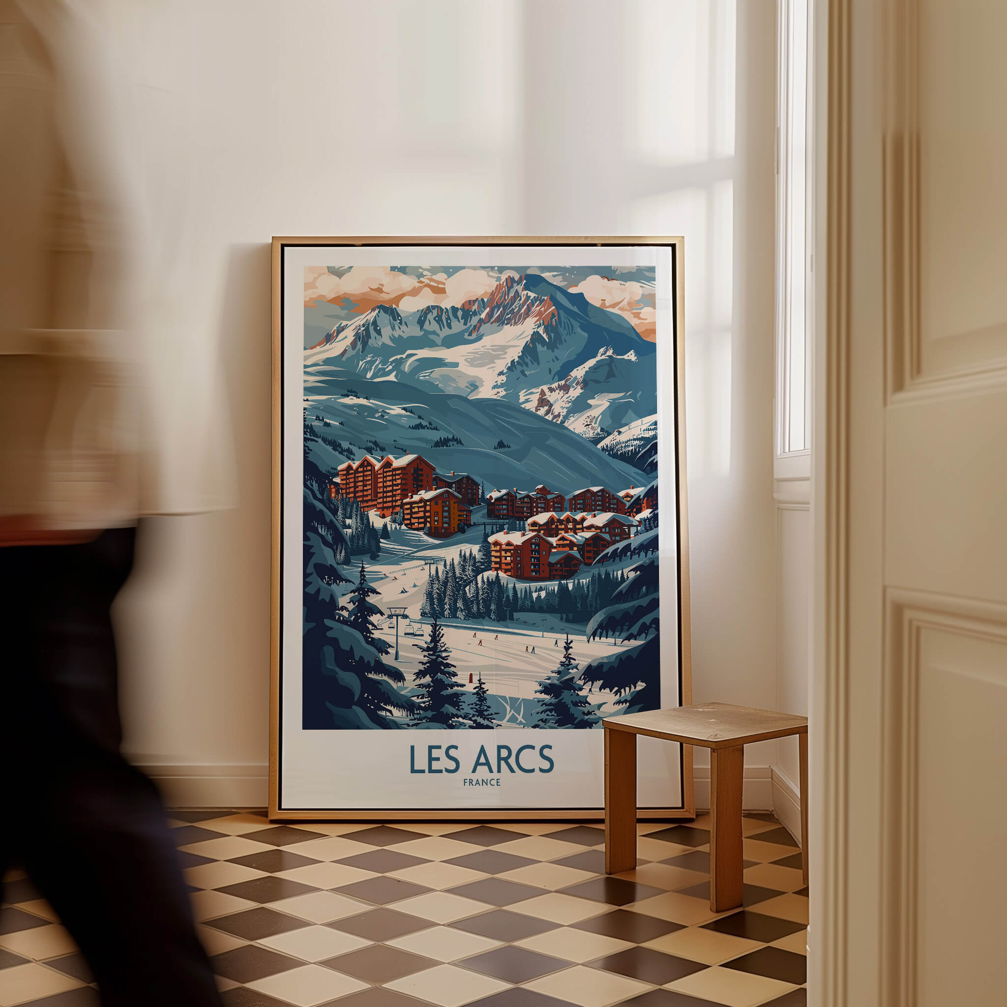 Les Arcs Poster France showcasing the stunning ski resort landscape and vibrant colors in a home setting.