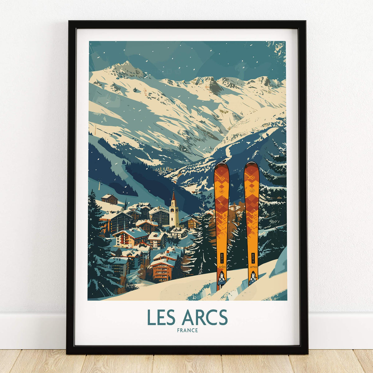 Les Arcs Wall Art - France, vibrant ski poster showcasing the beautiful French ski resort and its stunning mountain landscape.