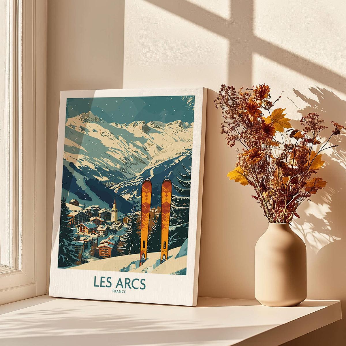 Les Arcs Wall Art - France featuring a vibrant ski poster design with stunning mountain views and winter decor.