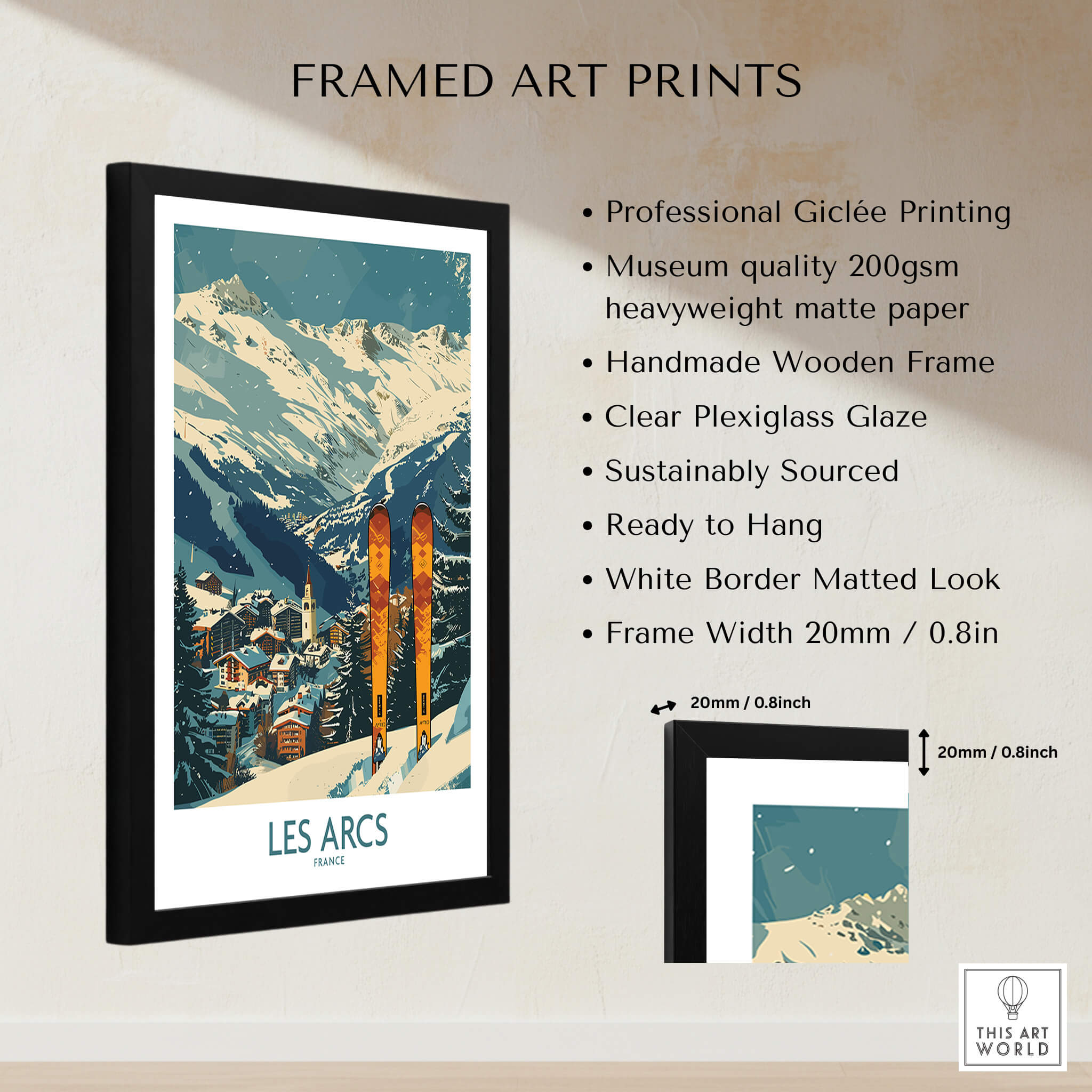 Les Arcs Wall Art - France framed print featuring vibrant ski poster design and handmade wooden frame.