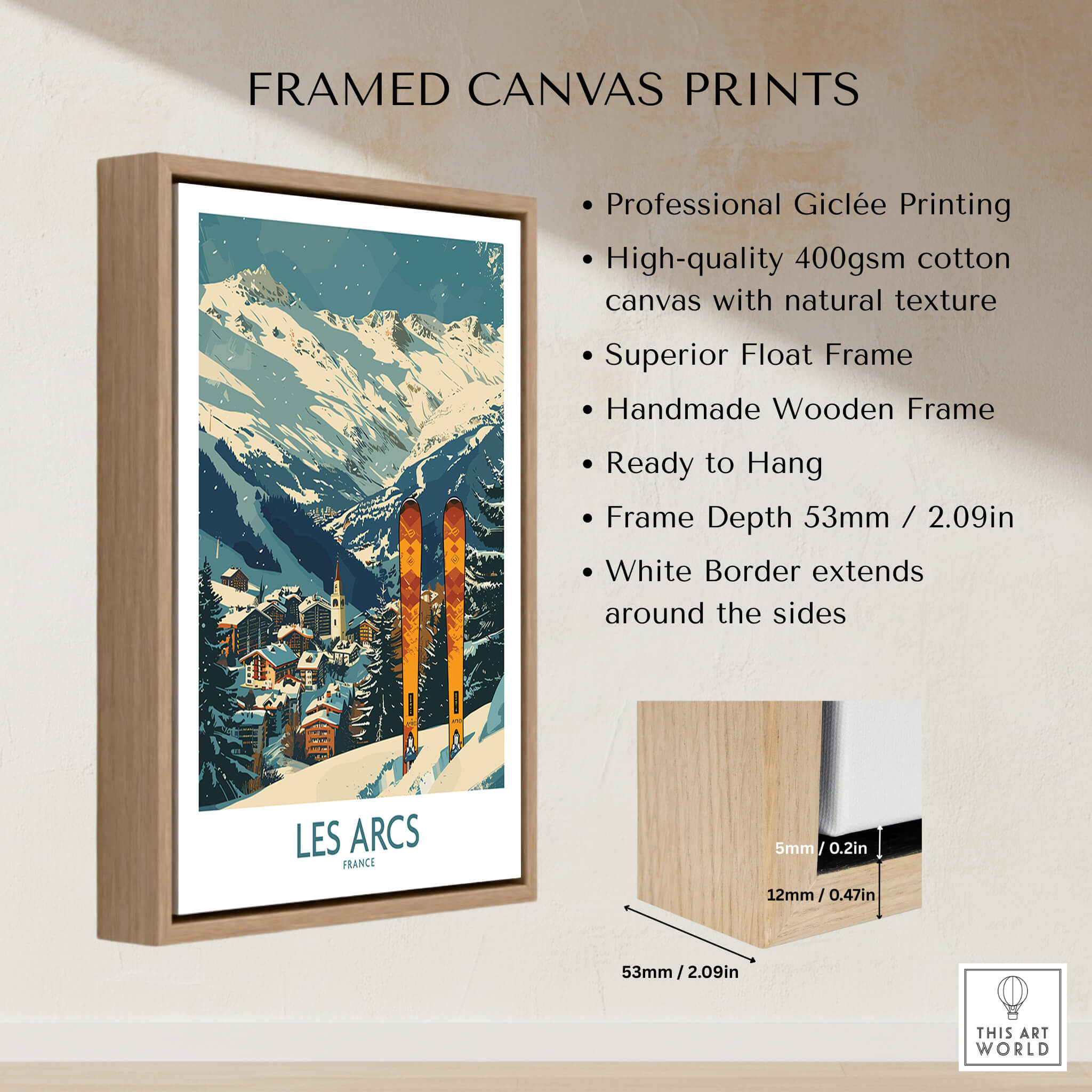 Les Arcs Wall Art -  France framed canvas print showcasing a vibrant ski poster design, ready to hang.
