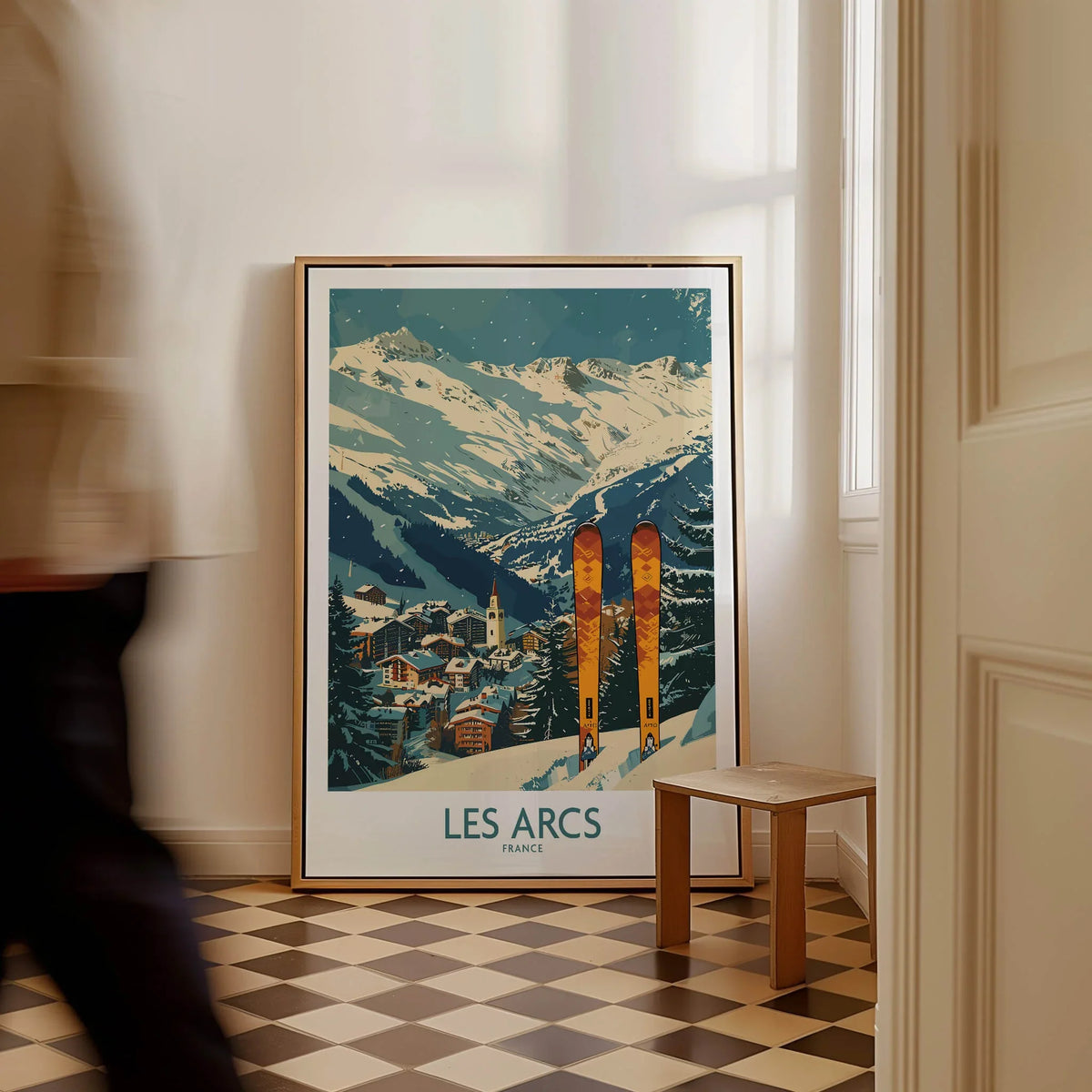 Les Arcs Wall Art -  France ski poster displayed in a stylish room with a person walking by.
