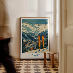 Les Arcs Wall Art -  France ski poster displayed in a stylish room with a person walking by.