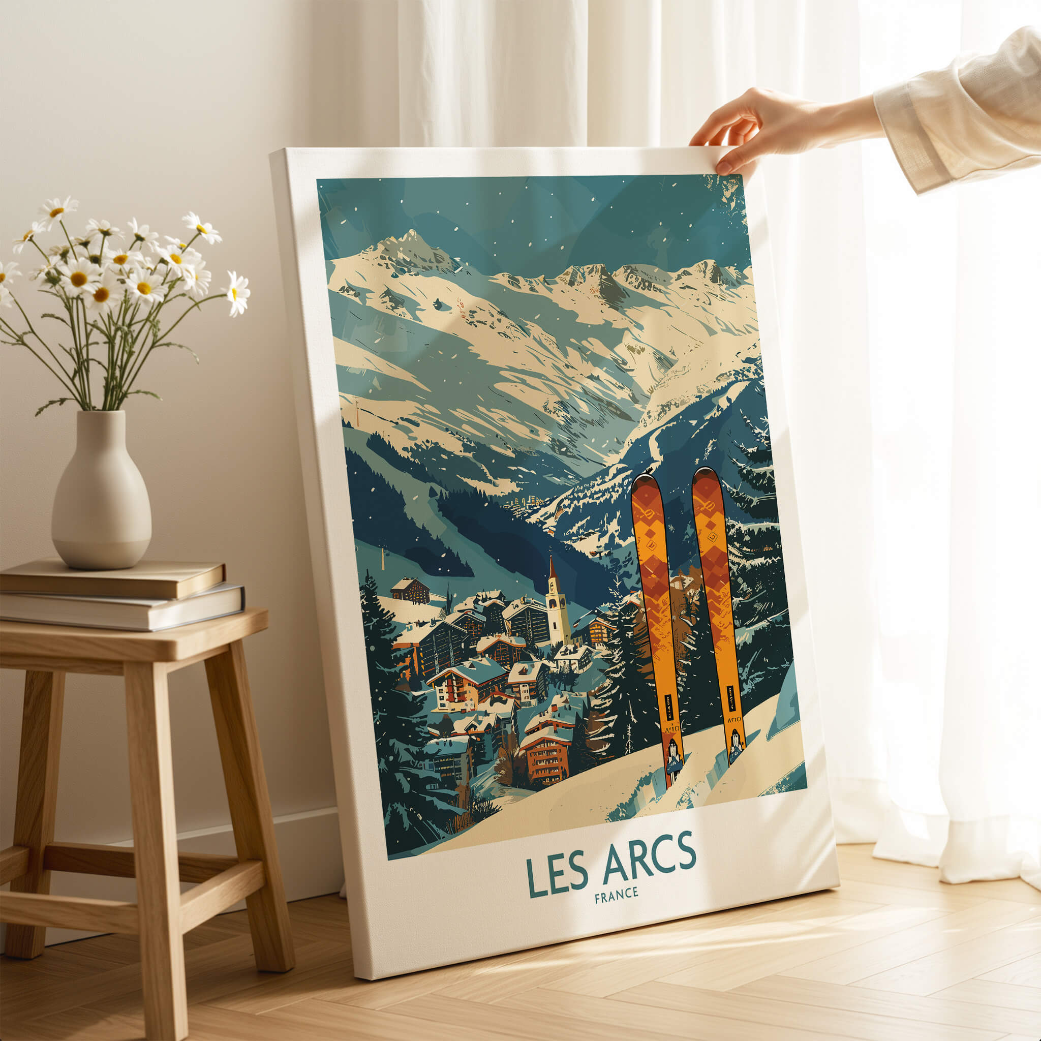 Les Arcs Wall Art -  France showcasing vibrant ski poster design in a stylish interior setting.