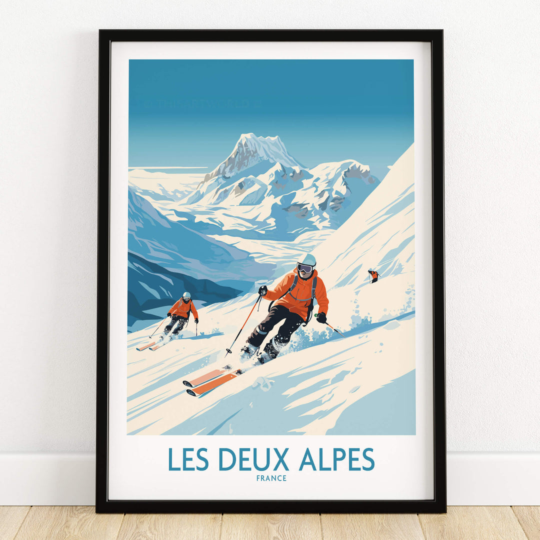 Les Deux Alpes Ski Print showcasing skiers on iconic slopes with scenic winter views in France.