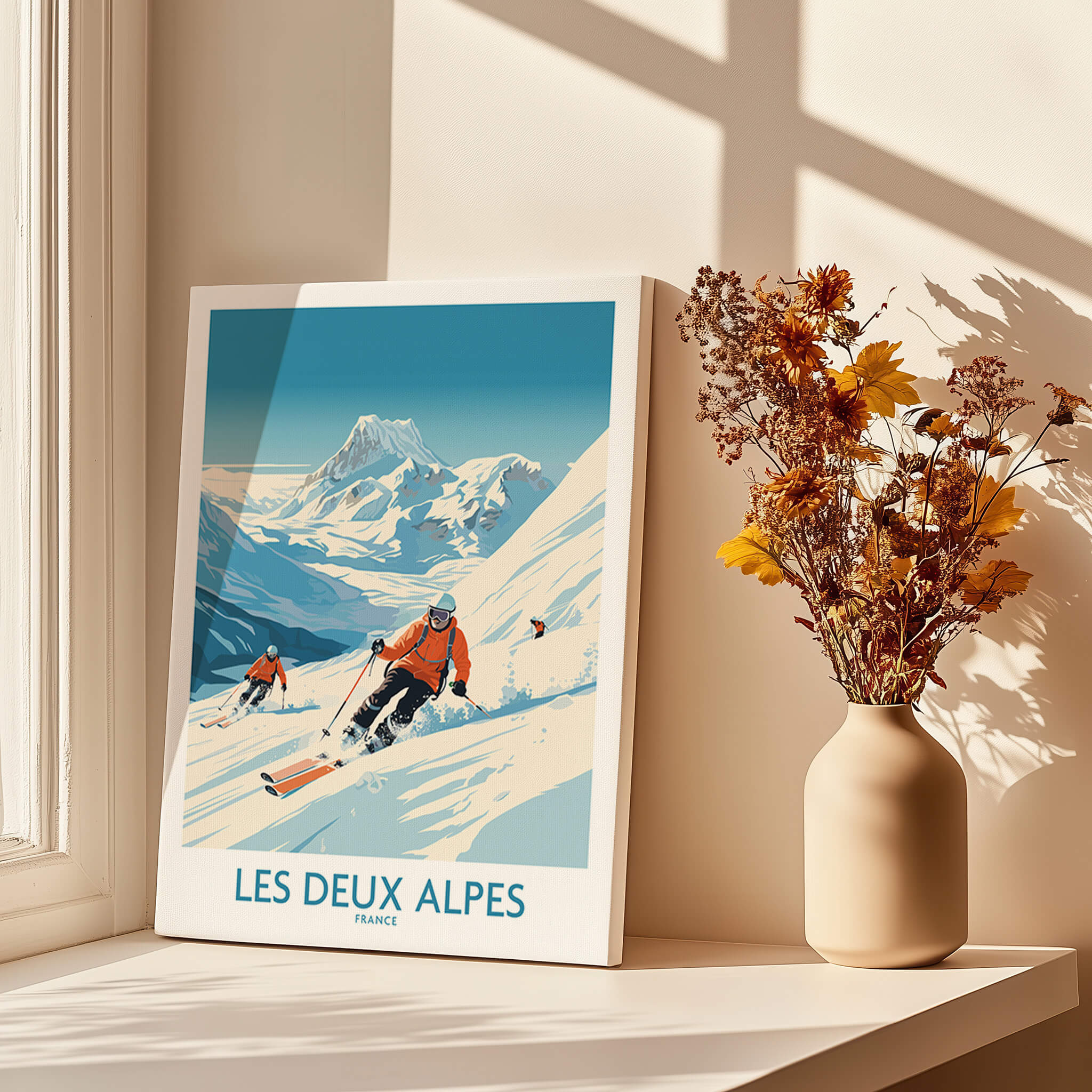 Les Deux Alpes Ski Print showcasing skiers on slopes with stunning mountain views, perfect for winter sports decor.