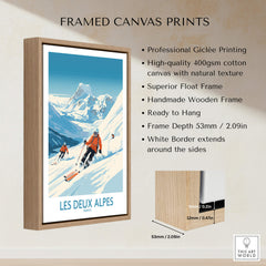 Les Deux Alpes Ski Print framed canvas print showcasing skiing in the Alps with a natural wood frame.