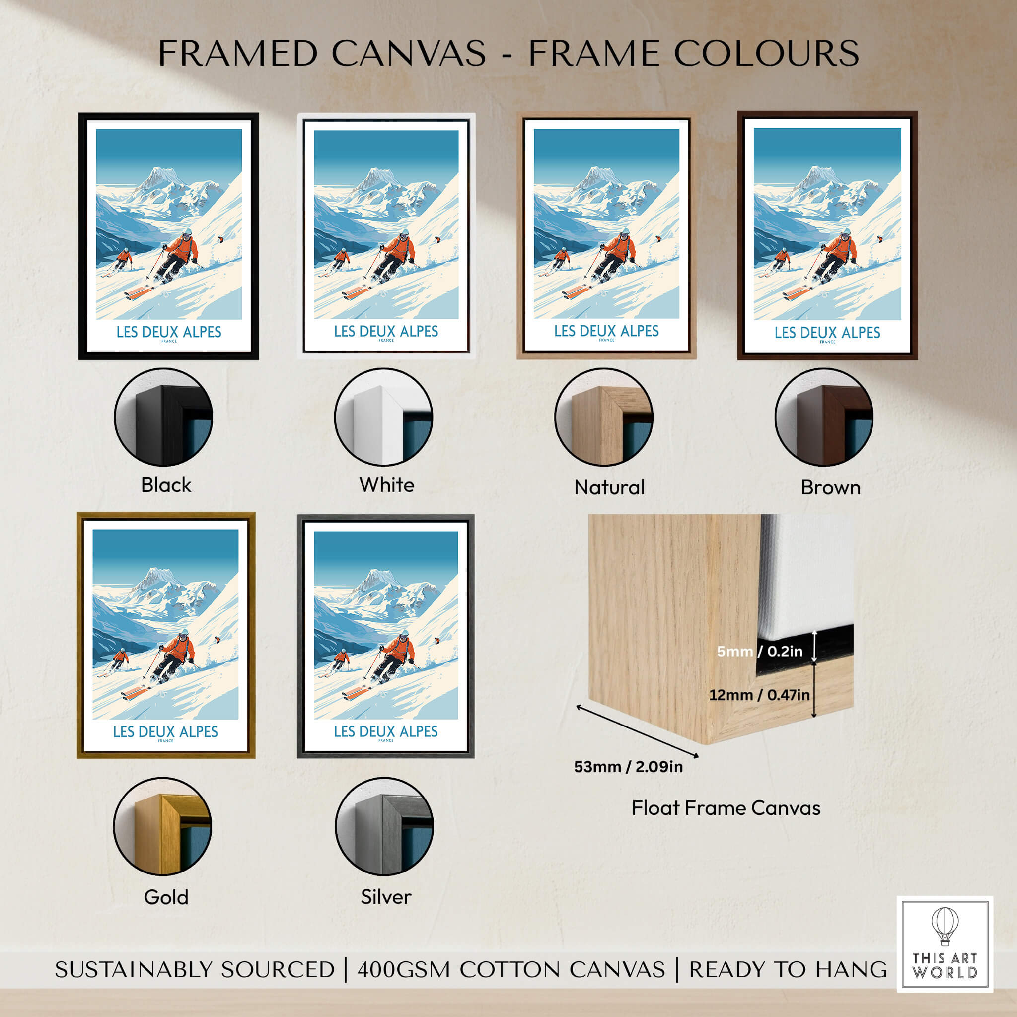 Les Deux Alpes Ski Print framed canvas options including black, white, natural, brown, gold, and silver frames.
