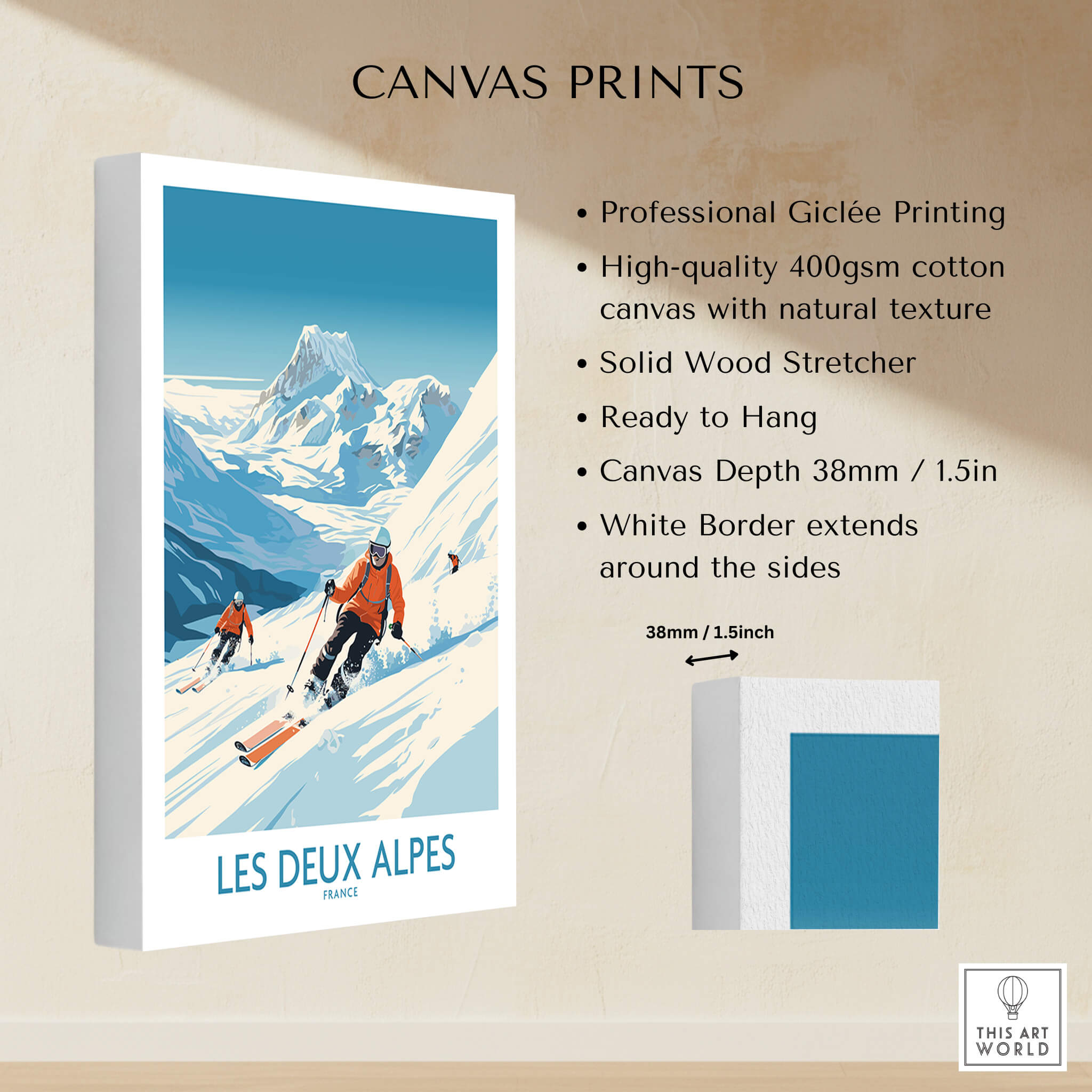 Les Deux Alpes Ski Print showcasing skiing in the Alps with vibrant colors and professional Giclée printing.