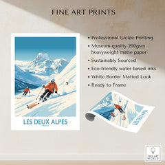 Les Deux Alpes Ski Print showcasing skiers on iconic slopes, perfect for winter sports enthusiasts.