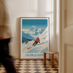Les Deux Alpes Ski Print showcasing skiers on snowy slopes with stunning mountain backdrop in a stylish interior.