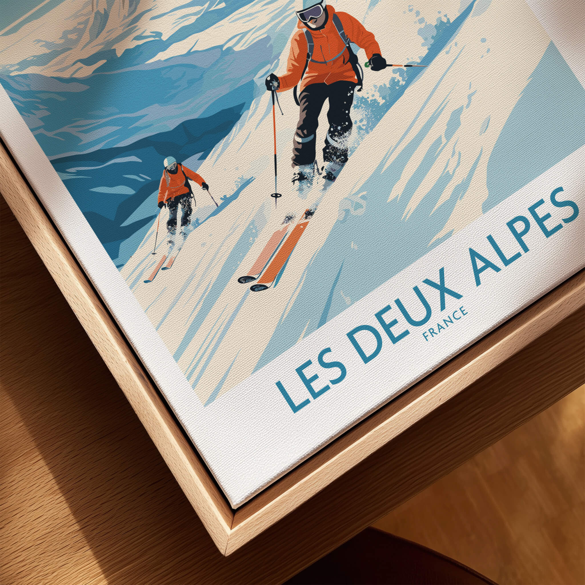 Les Deux Alpes Ski Print showcasing skiers on a slope with beautiful mountain views, perfect for winter sports enthusiasts.