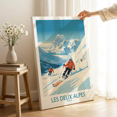Les Deux Alpes Ski Print featuring skiers on scenic slopes in the Alps, perfect for winter sports enthusiasts.