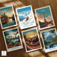 Les Deux Alpes Ski Print among travel posters, showcasing famous destinations like Venice, Paris, and Barcelona.