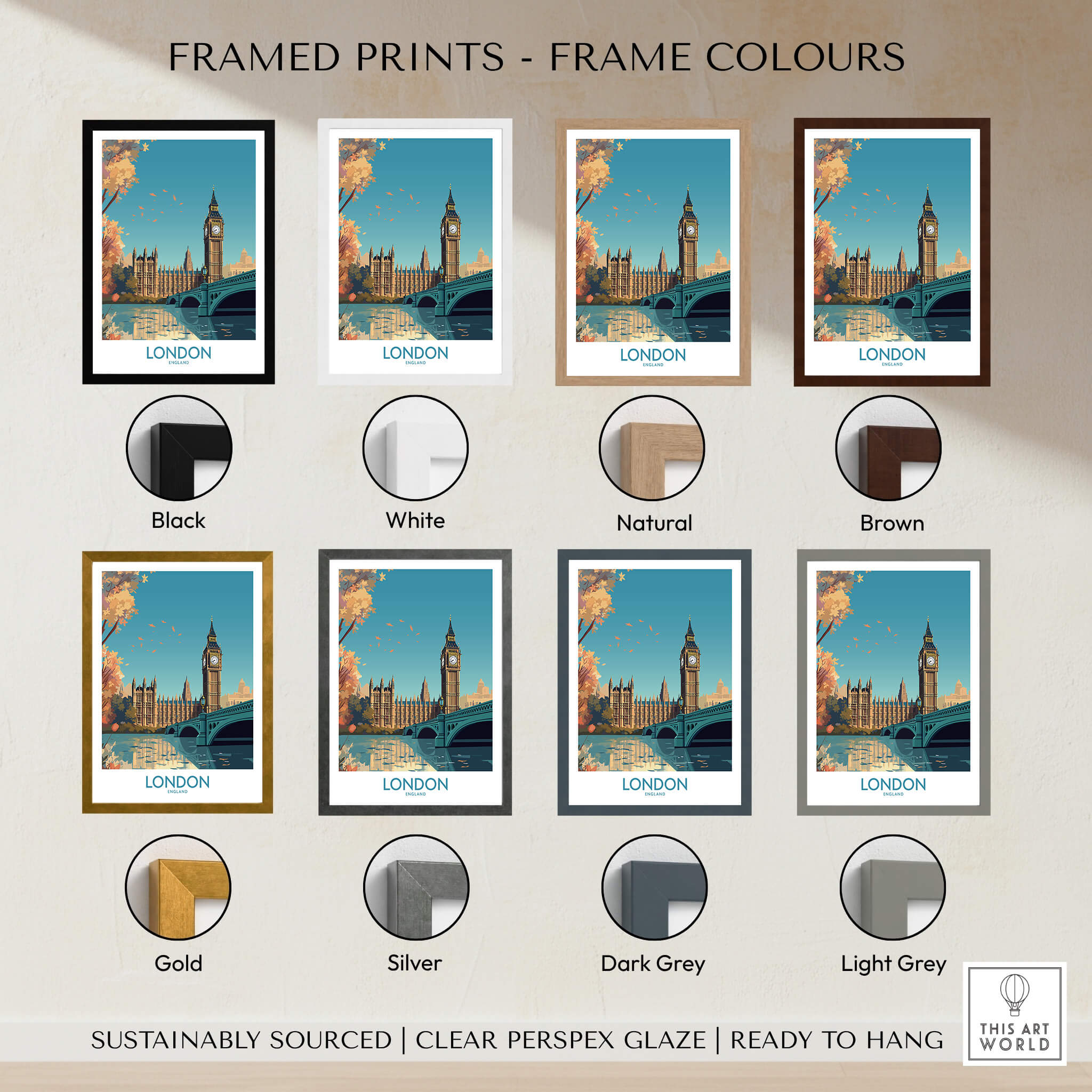 London Big Ben Wall Art | Modern Style framed prints in various colours including black, white, natural, brown, gold, silver, dark grey, light grey.