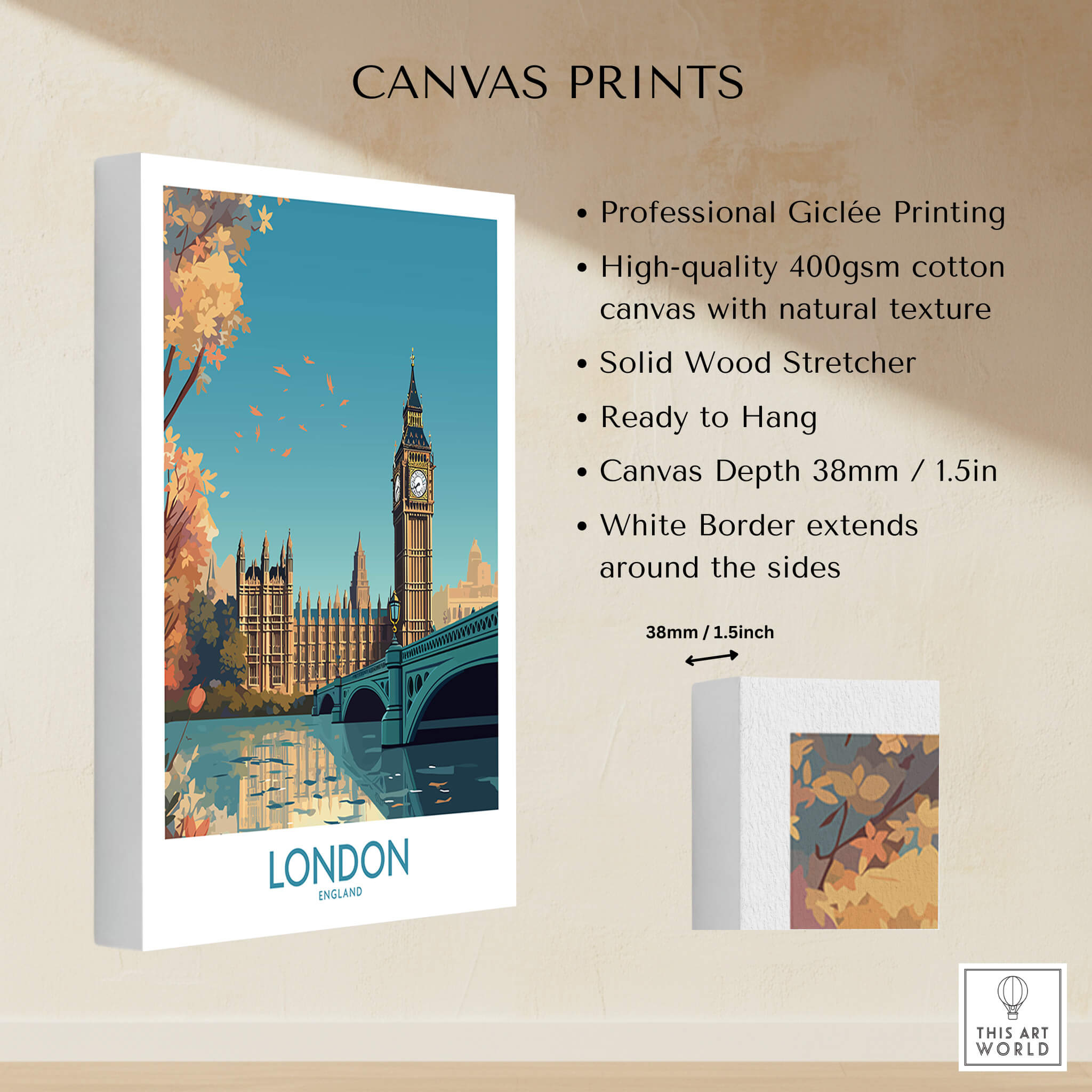 London Big Ben Wall Art | Modern Style, vibrant canvas print showcasing Big Ben and the Thames, ready to hang.