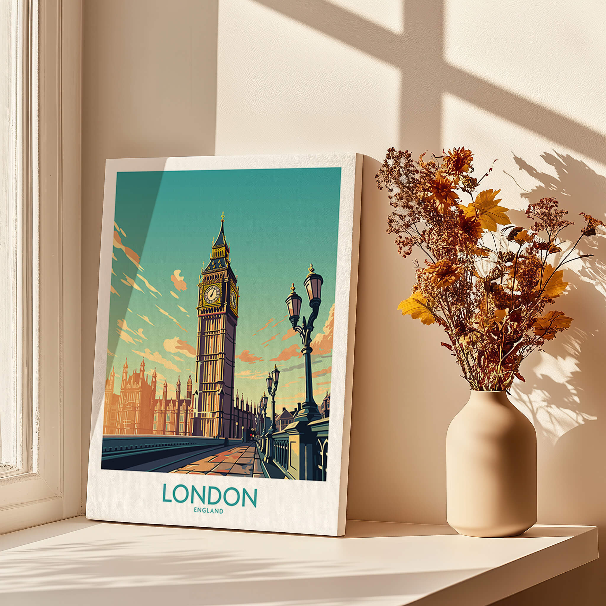 London Wall Art | Modern Style featuring Big Ben and beautiful skyline in a cozy interior setting.