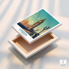 London Wall Art | Modern Style print displayed in an opened box, featuring Big Ben and a colorful sky.