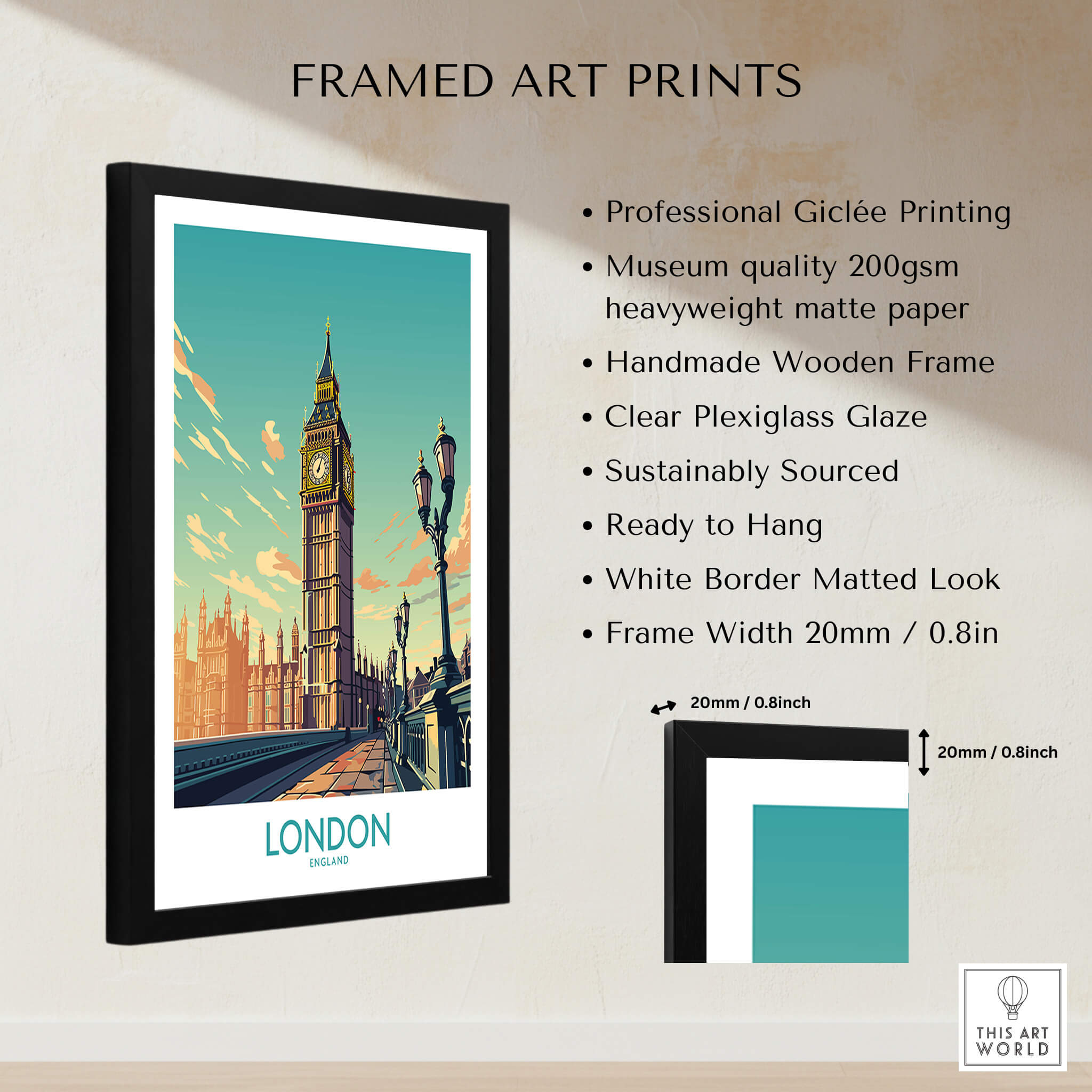 London Wall Art | Modern Style framed print showcasing Big Ben and beautiful London scenery.
