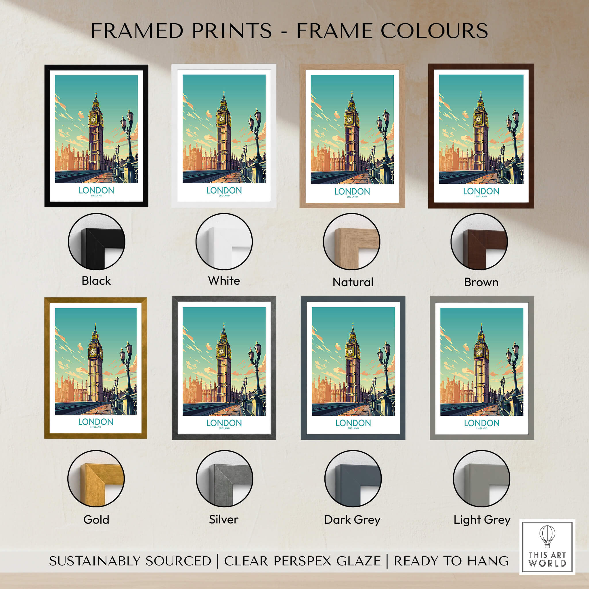 Framed London Wall Art | Modern Style in various frame colors including black, white, natural, and brown.