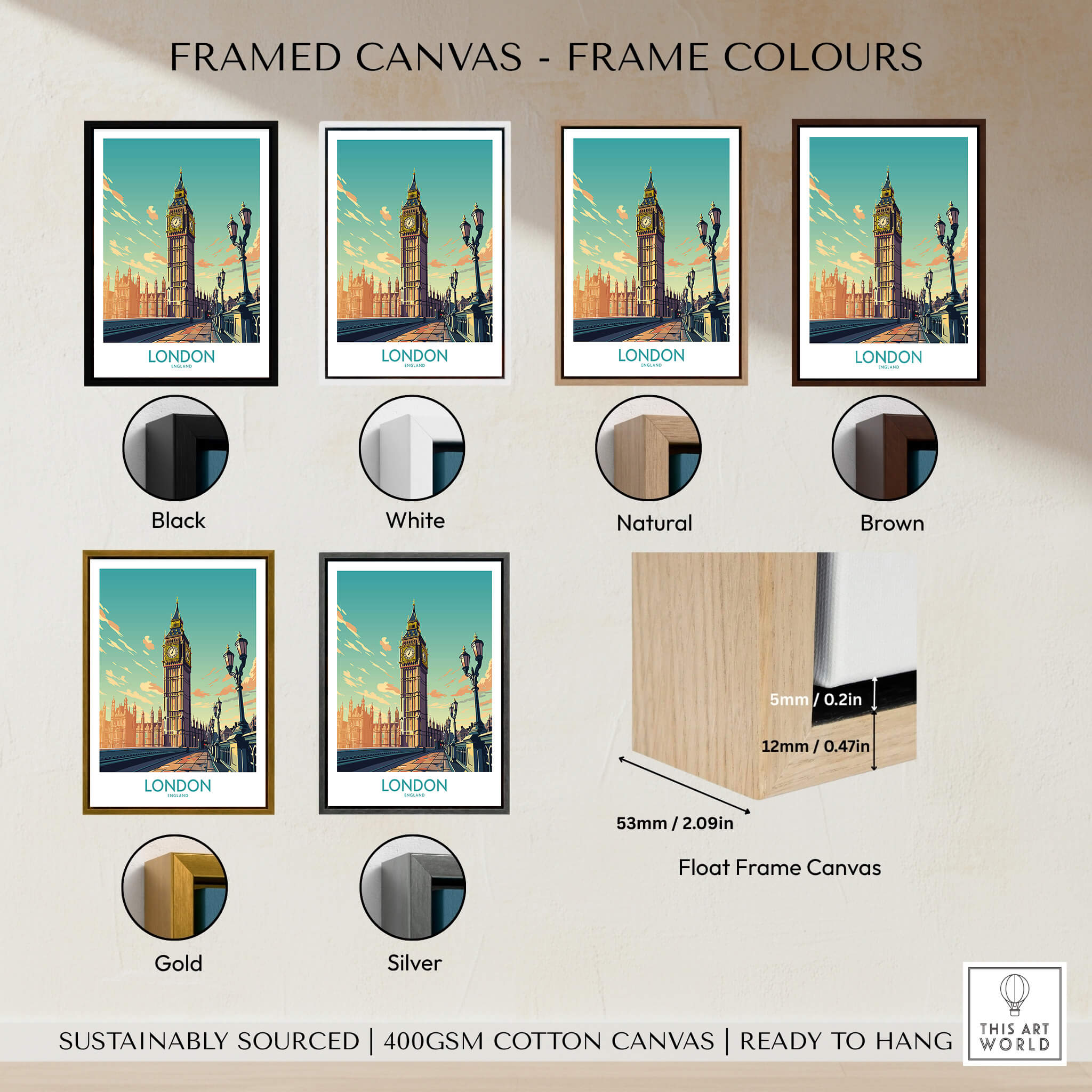 London Wall Art | Modern Style framed canvases in various colors: Black, White, Natural, Brown, Gold, Silver.