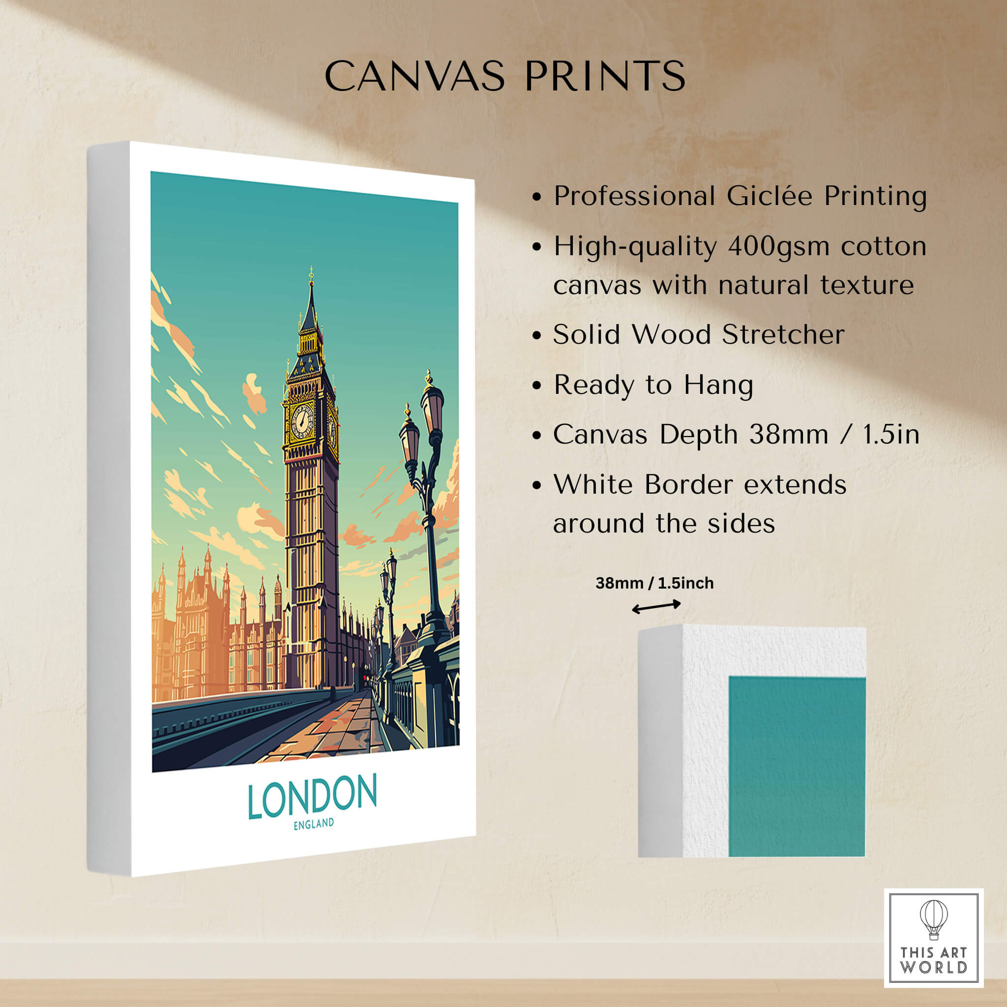 London Wall Art | Modern Style canvas print featuring Big Ben with a white border, ready to hang.