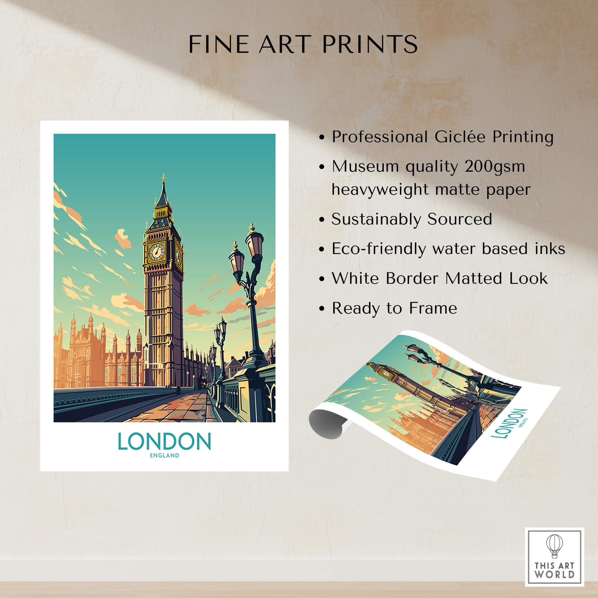 London Wall Art | Modern Style print featuring Big Ben and iconic London skyline, ready to frame and sustainably sourced.