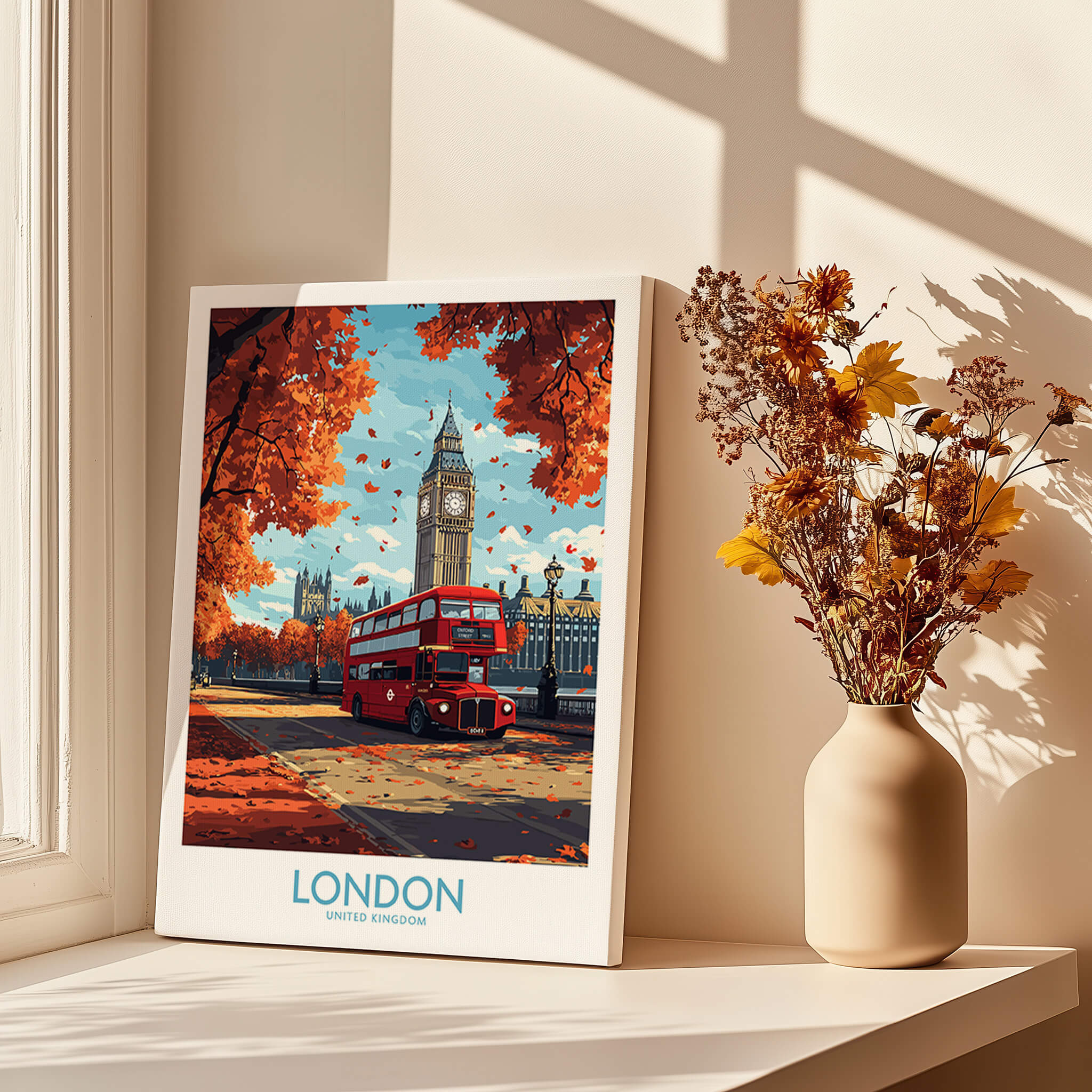 London Travel Poster featuring a red double-decker bus, Big Ben, and autumn leaves in a cozy home setting.