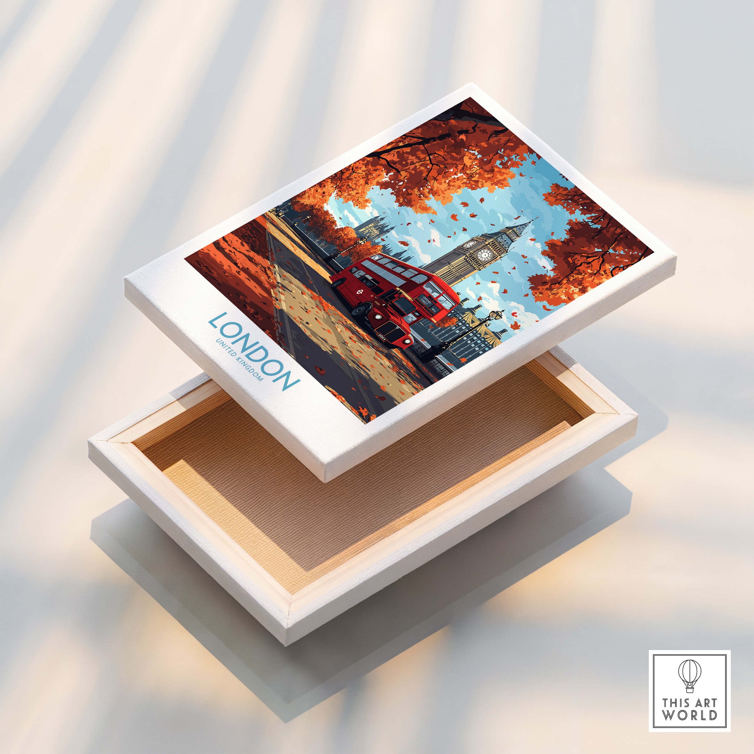 London Travel Poster featuring a red double-decker bus, Big Ben, and autumn leaves, perfect for home decor.