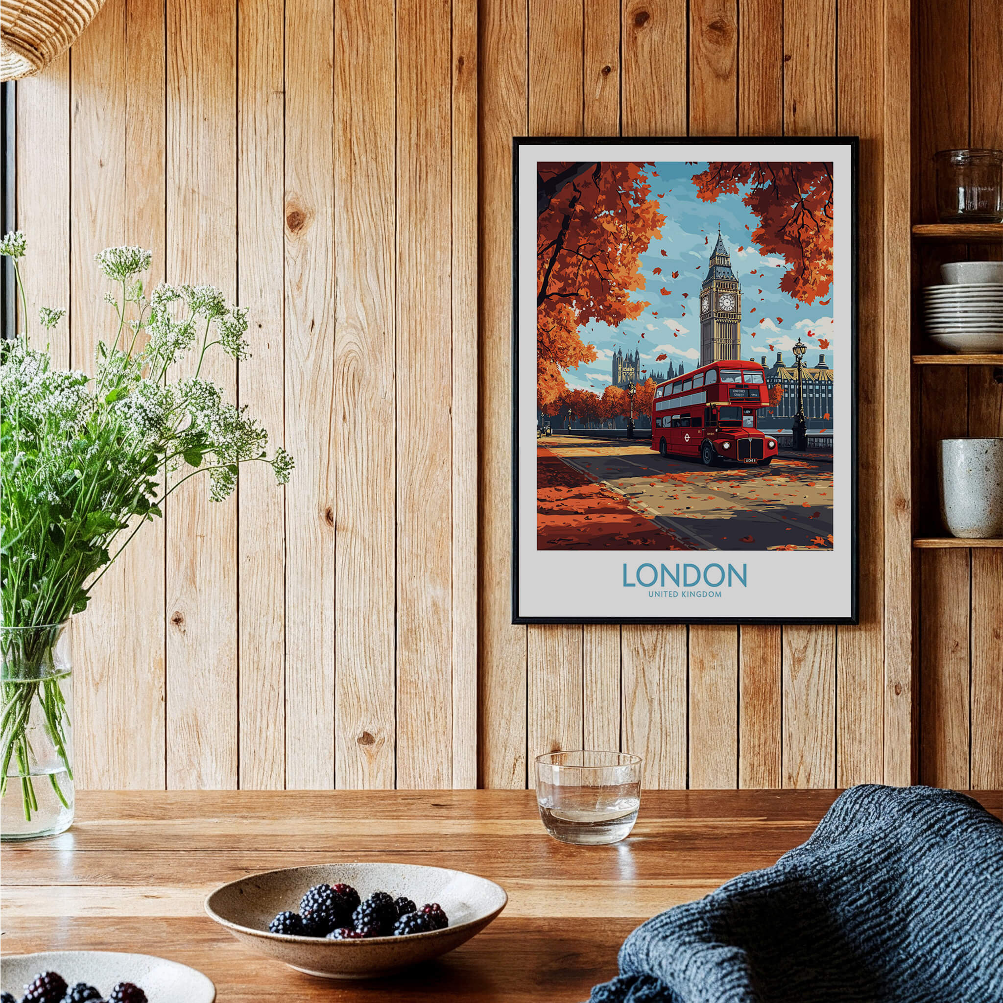 London Travel Poster showcasing Big Ben and a red double-decker bus against a rustic wooden decor.
