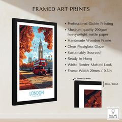 London Travel Poster featuring iconic sights like Big Ben and a red double-decker bus, framed art decor.