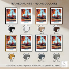 London Travel Poster framed print color options including black, white, natural, brown, gold, silver, dark grey, and light grey.
