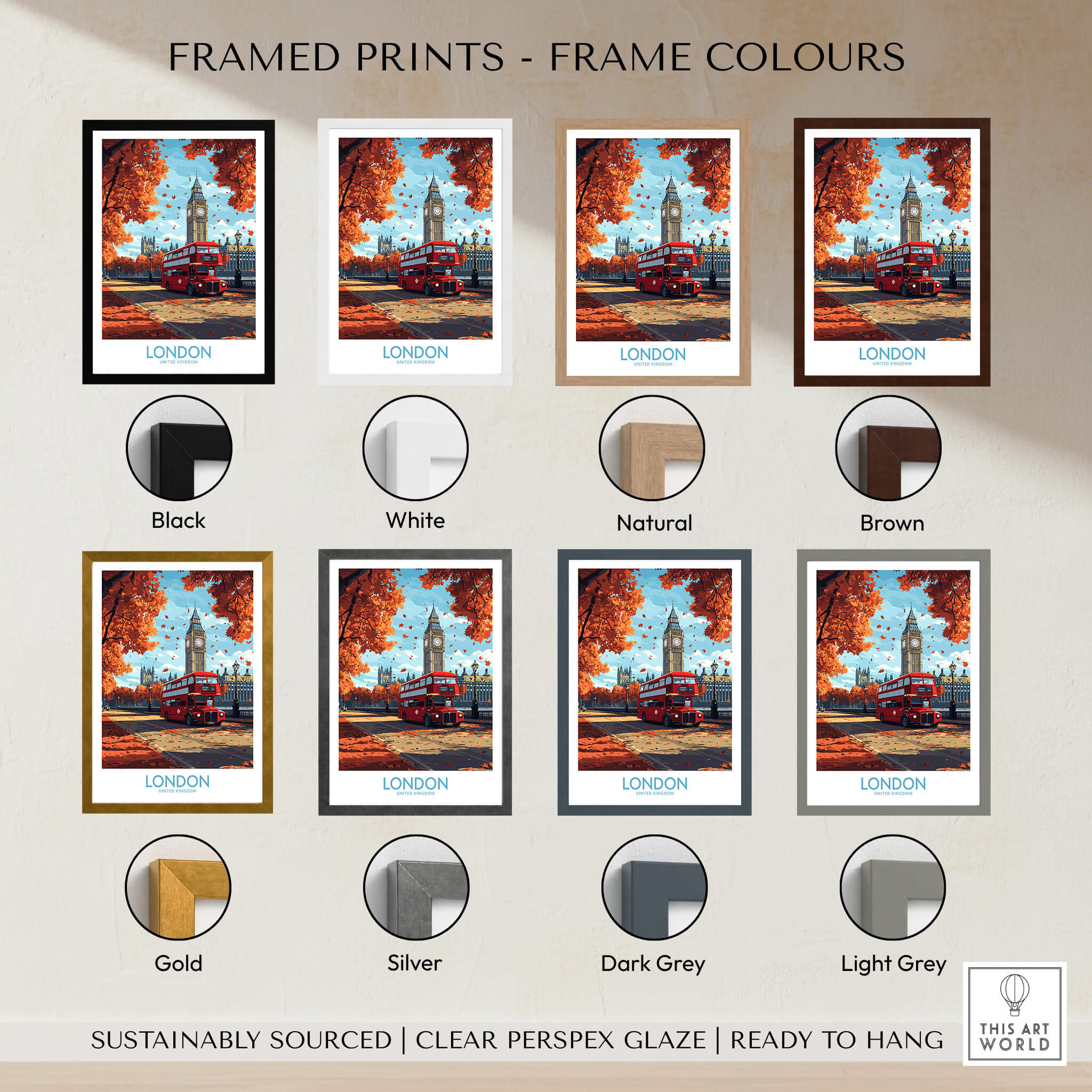 London Travel Poster framed print color options including black, white, natural, brown, gold, silver, dark grey, and light grey.