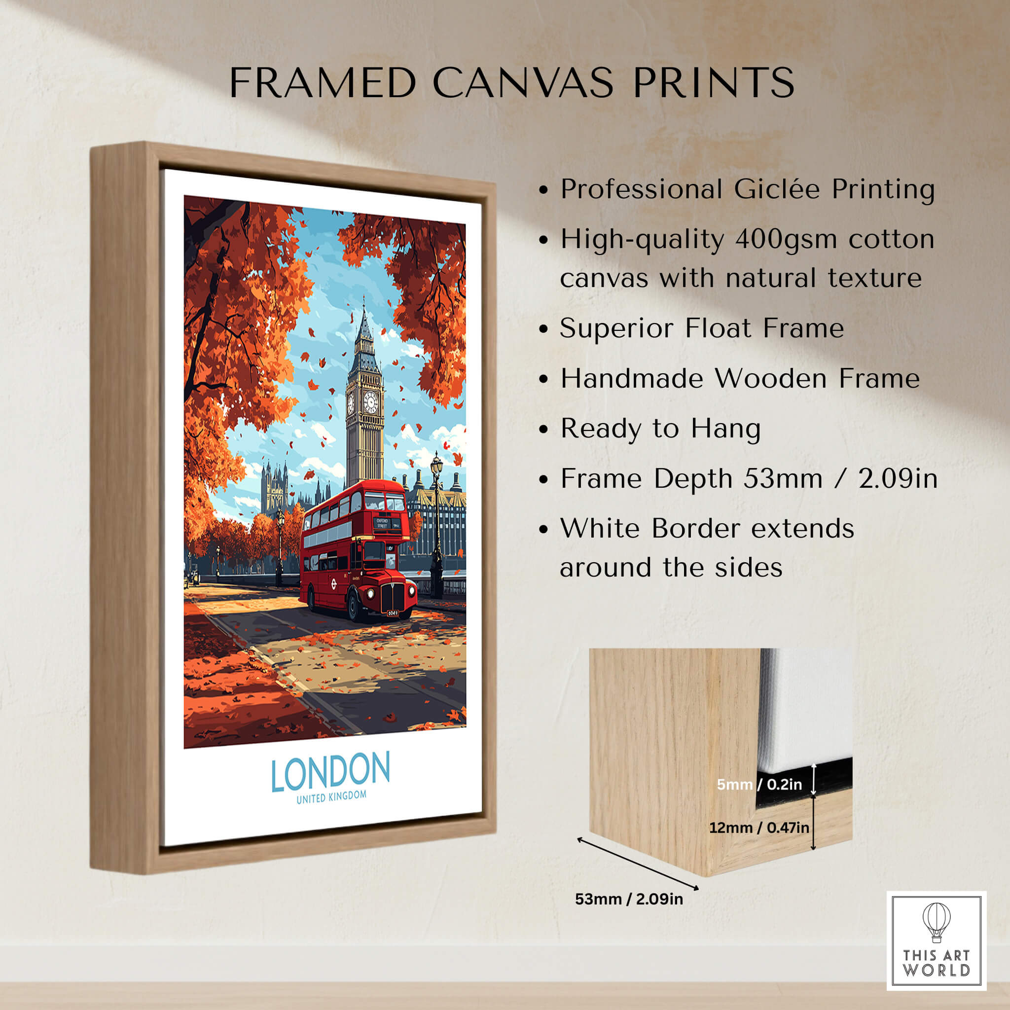 London Travel Poster framed canvas print showcasing Big Ben and a red bus with autumn leaves.