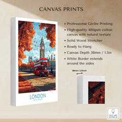 London Travel Poster featuring a red double-decker bus, Big Ben, and autumn leaves in vibrant colors.