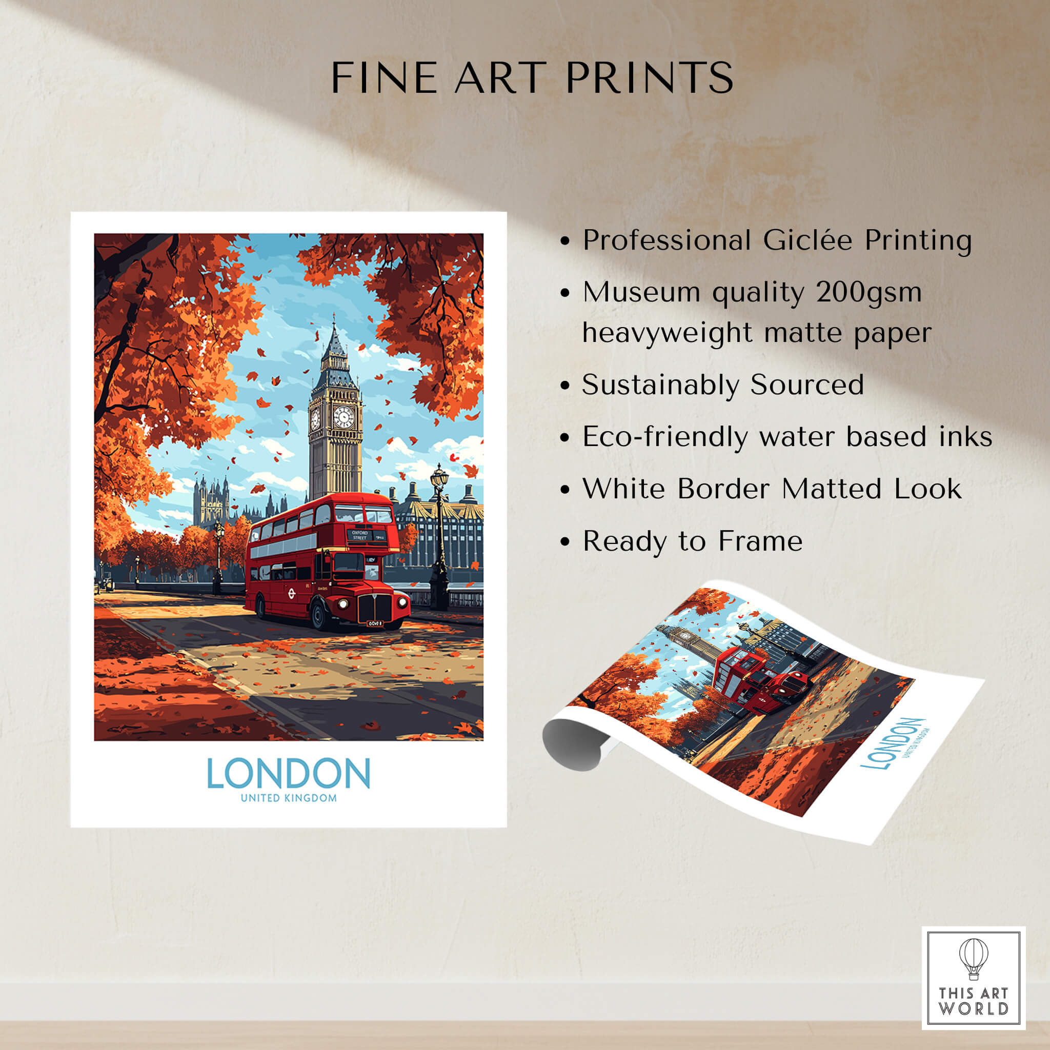 London Travel Poster featuring a red double-decker bus and Big Ben, perfect for home decor.