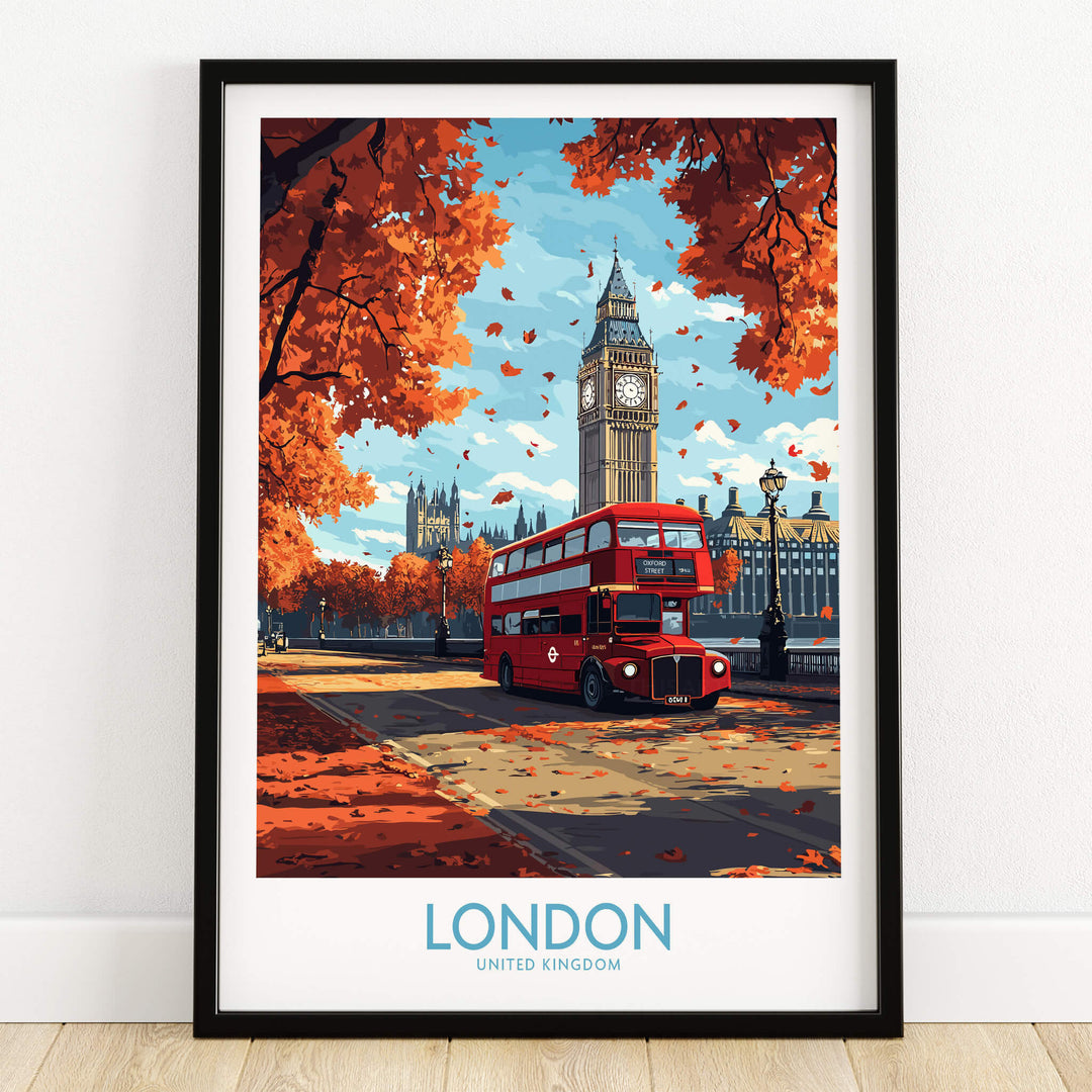 London Travel Poster featuring a red double-decker bus beside Big Ben and autumn leaves.