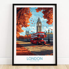 London Travel Poster featuring a red double-decker bus beside Big Ben and autumn leaves.